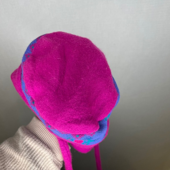Turtle Fur Kids Ear Flap Hat Magenta Purple Geometric Pattern Retro VTG - Picture 4 of 8